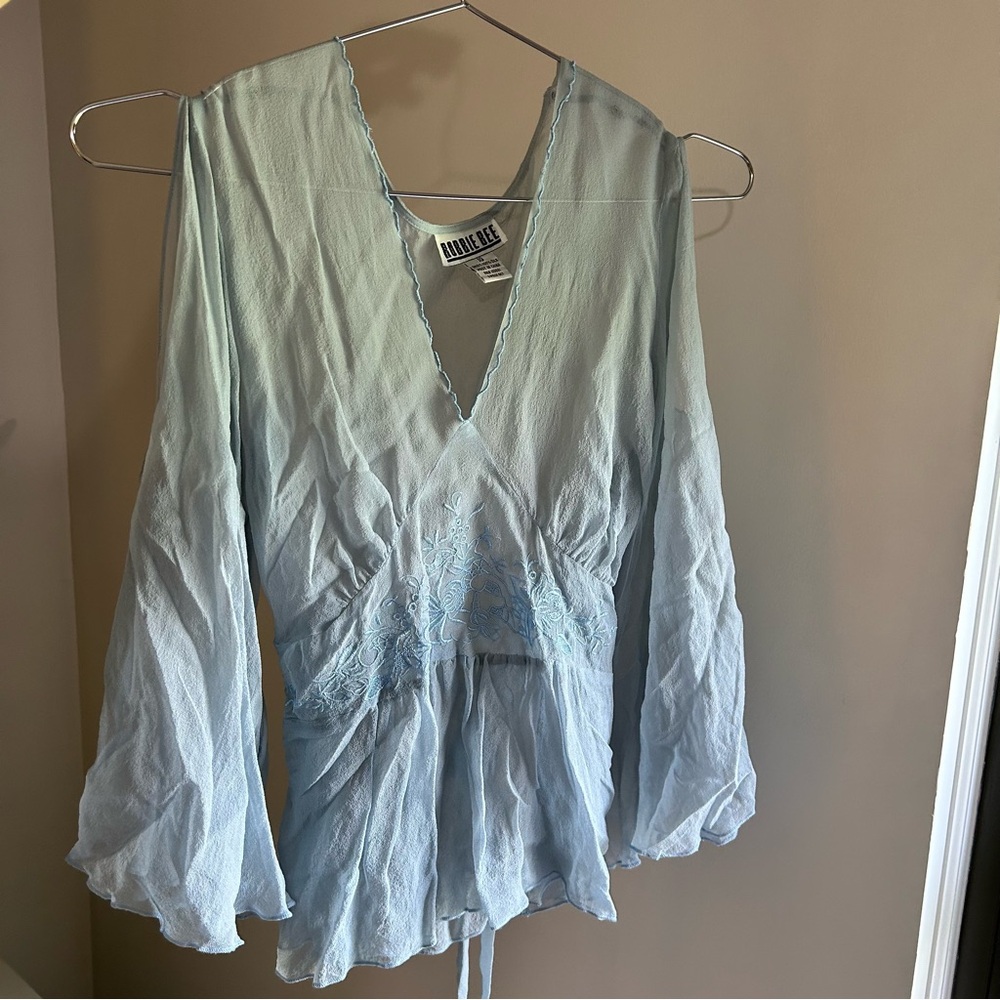 100% Silk Robbie Bee Baby Blue Embroidered V-Neck Peplum Blouse with tie waist